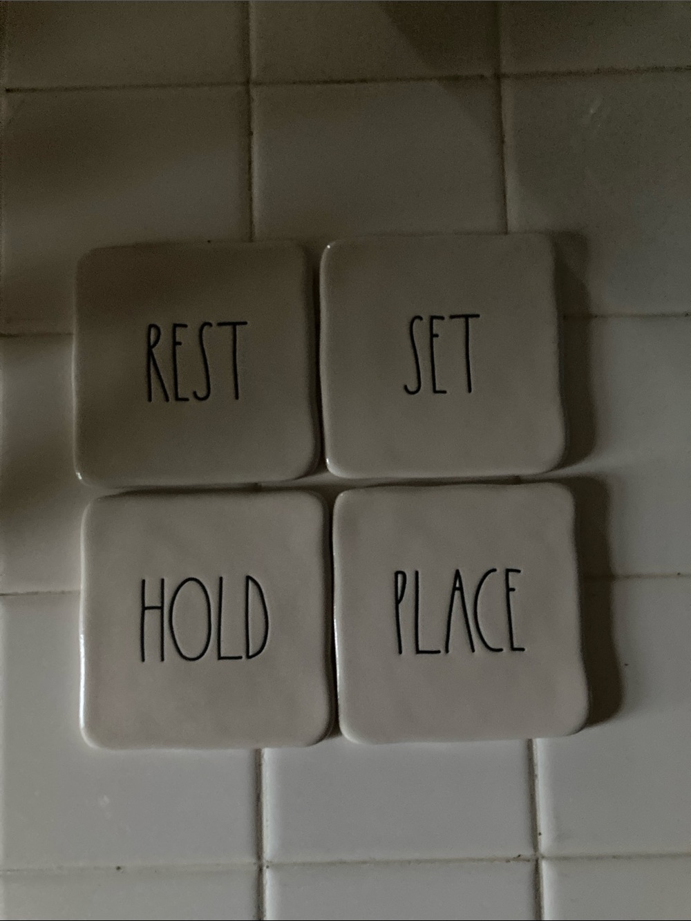 Rae Dunn White Ceramic Square Coasters (4)